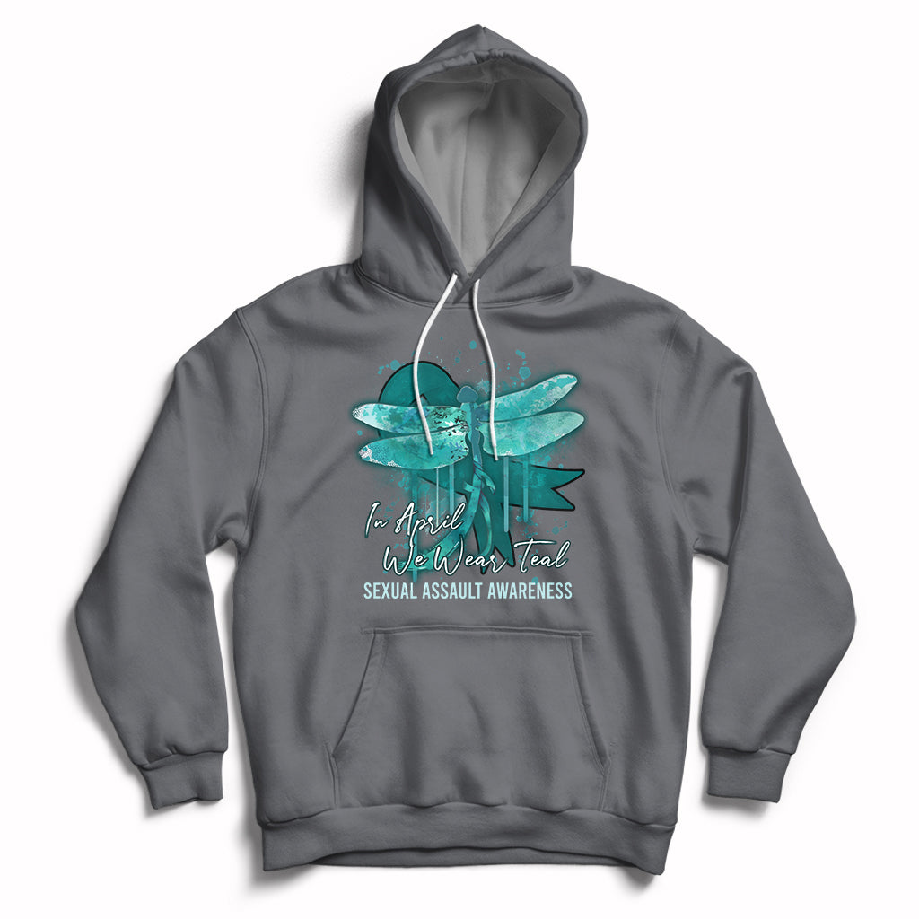 Charcoal pullover hoodie with teal ribbon butterfly awareness graphic, front kangaroo pocket.