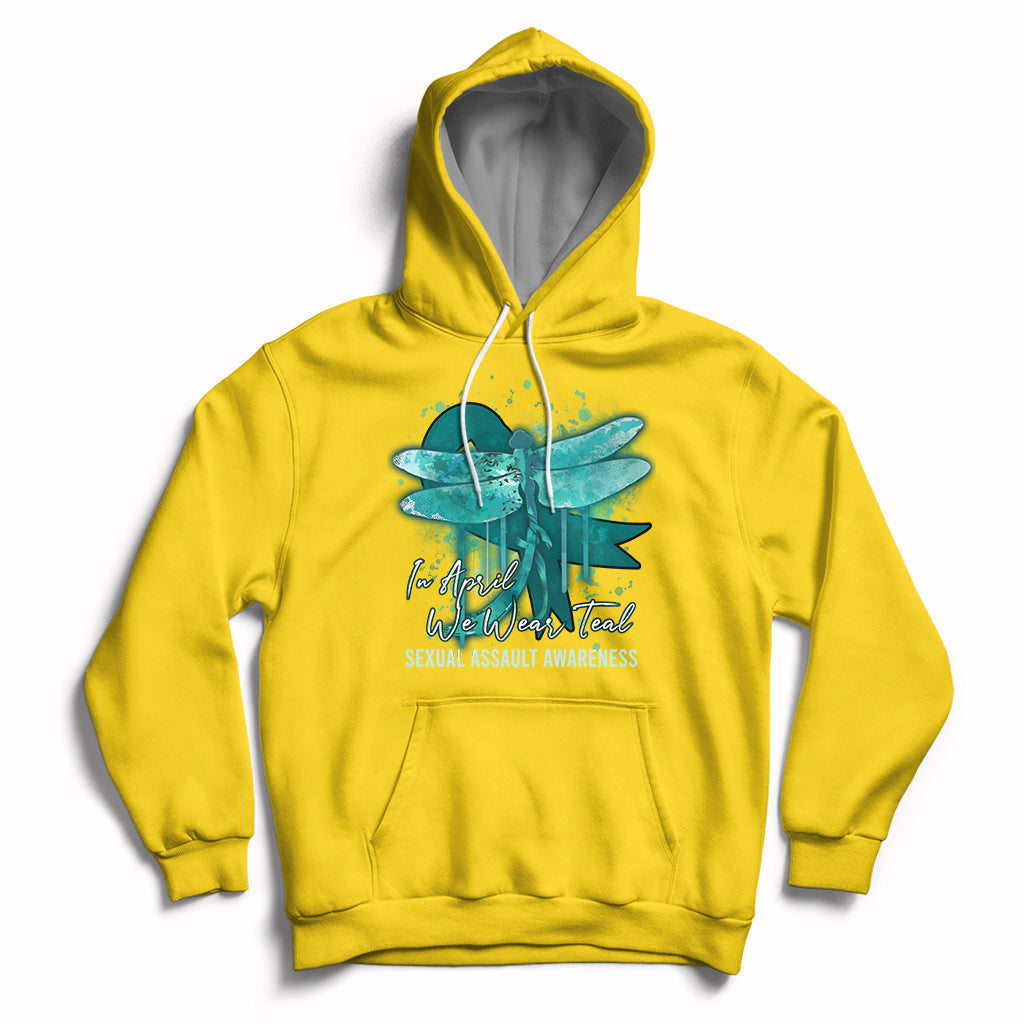 Daisy pullover hoodie with teal ribbon butterfly awareness graphic, front kangaroo pocket.