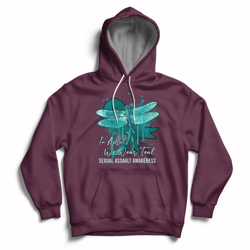 Maroon pullover hoodie with teal ribbon butterfly awareness graphic, front kangaroo pocket.