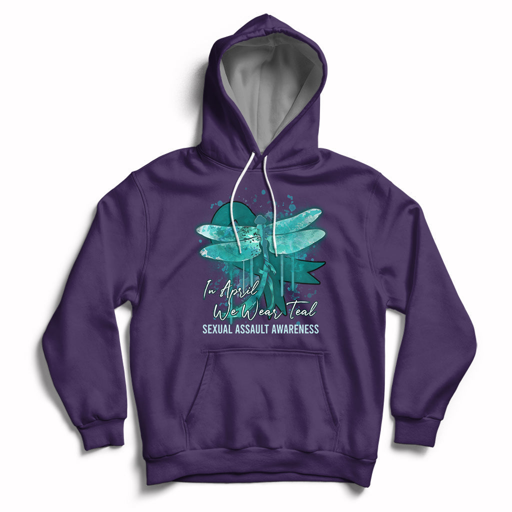 Purple pullover hoodie with teal ribbon butterfly awareness graphic, front kangaroo pocket.