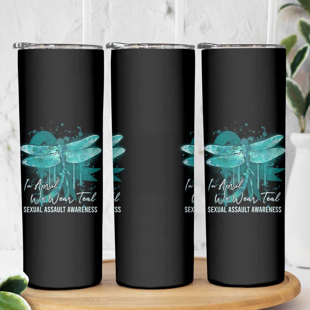 Sexual Assault Awareness Skinny Tumbler In April We Wear Teal Ribbon Butterfly
