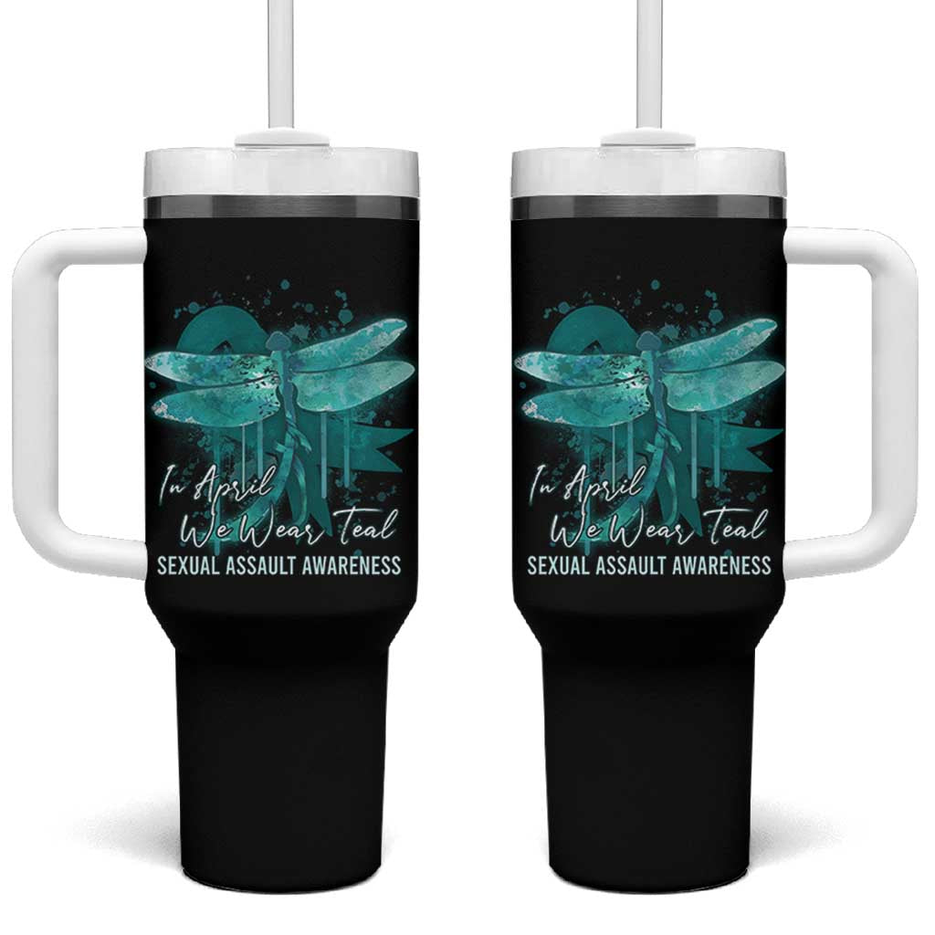 Sexual Assault Awareness Tumbler With Handle In April We Wear Teal Ribbon Butterfly