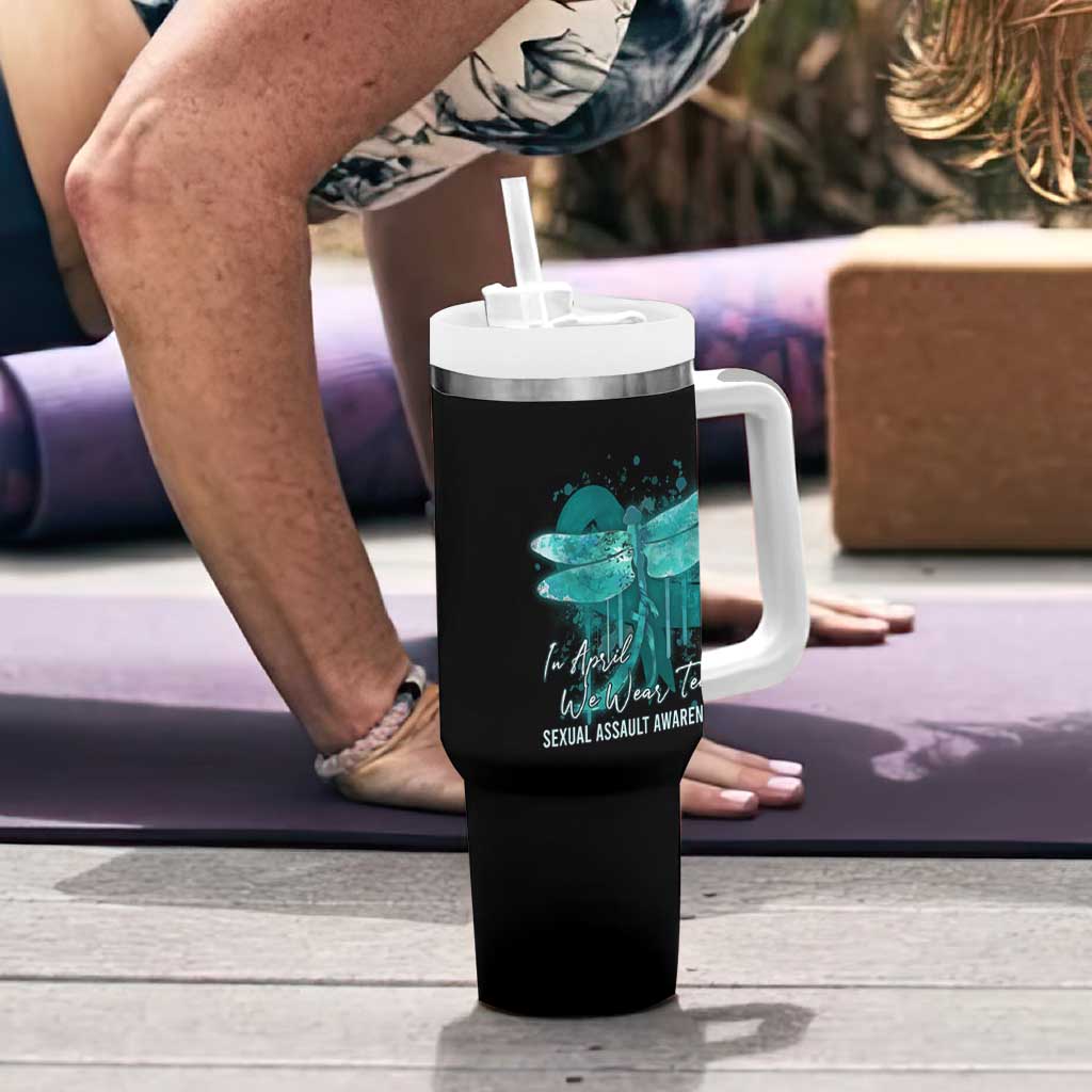 Sexual Assault Awareness Tumbler With Handle In April We Wear Teal Ribbon Butterfly