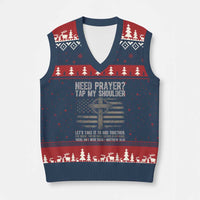 Need Prayer Tap My Shoulder Christian Patriotic V-Neck Knit Sweater Vest American Flag Cross Crown of Thorns Matthew 18:20
