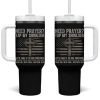 Need Prayer Tap My Shoulder Christian Patriotic Tumbler With Handle American Flag Cross Crown of Thorns Matthew 18:20