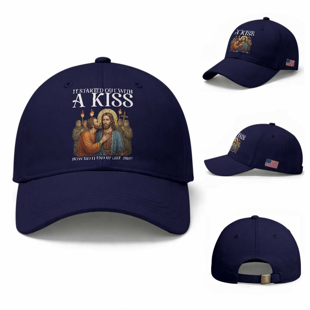 It Started Out With A Kiss Funny Jesus Christian Easter Baseball Cap Judas Betrayal Jesus Faith Message Biblical Humor