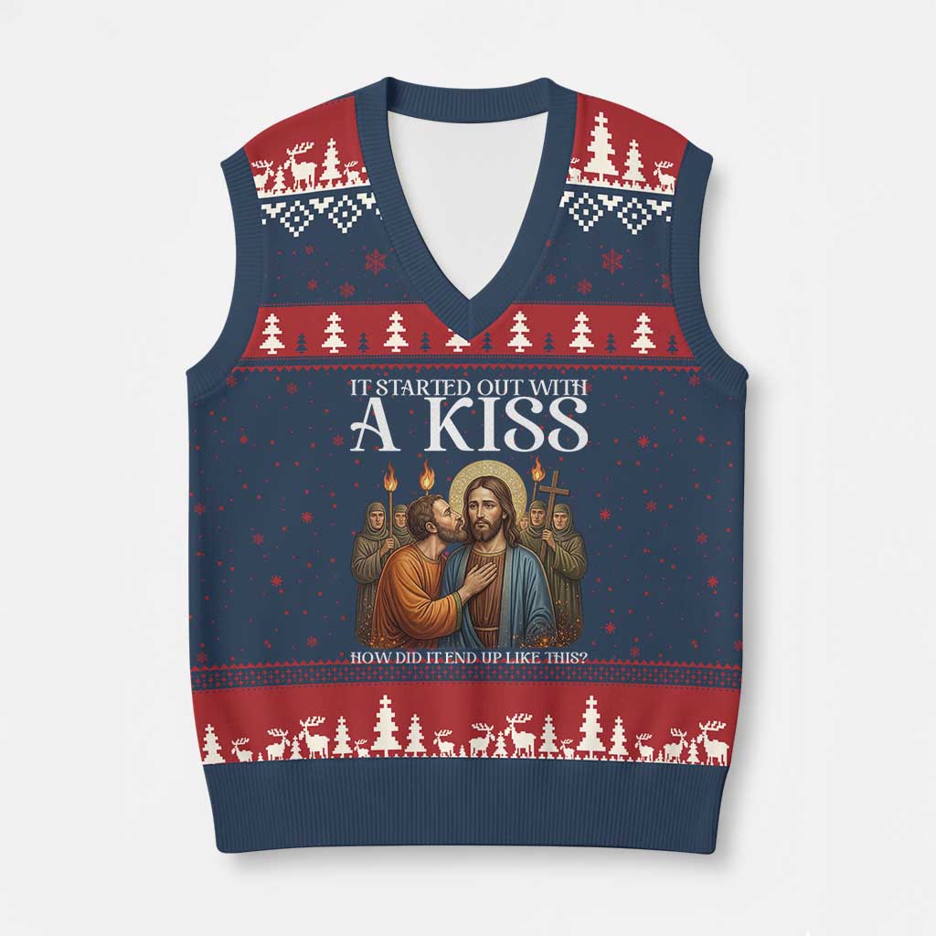 It Started Out With A Kiss Funny Jesus Christian Easter V-Neck Knit Sweater Vest Judas Betrayal Jesus Faith Message Biblical Humor