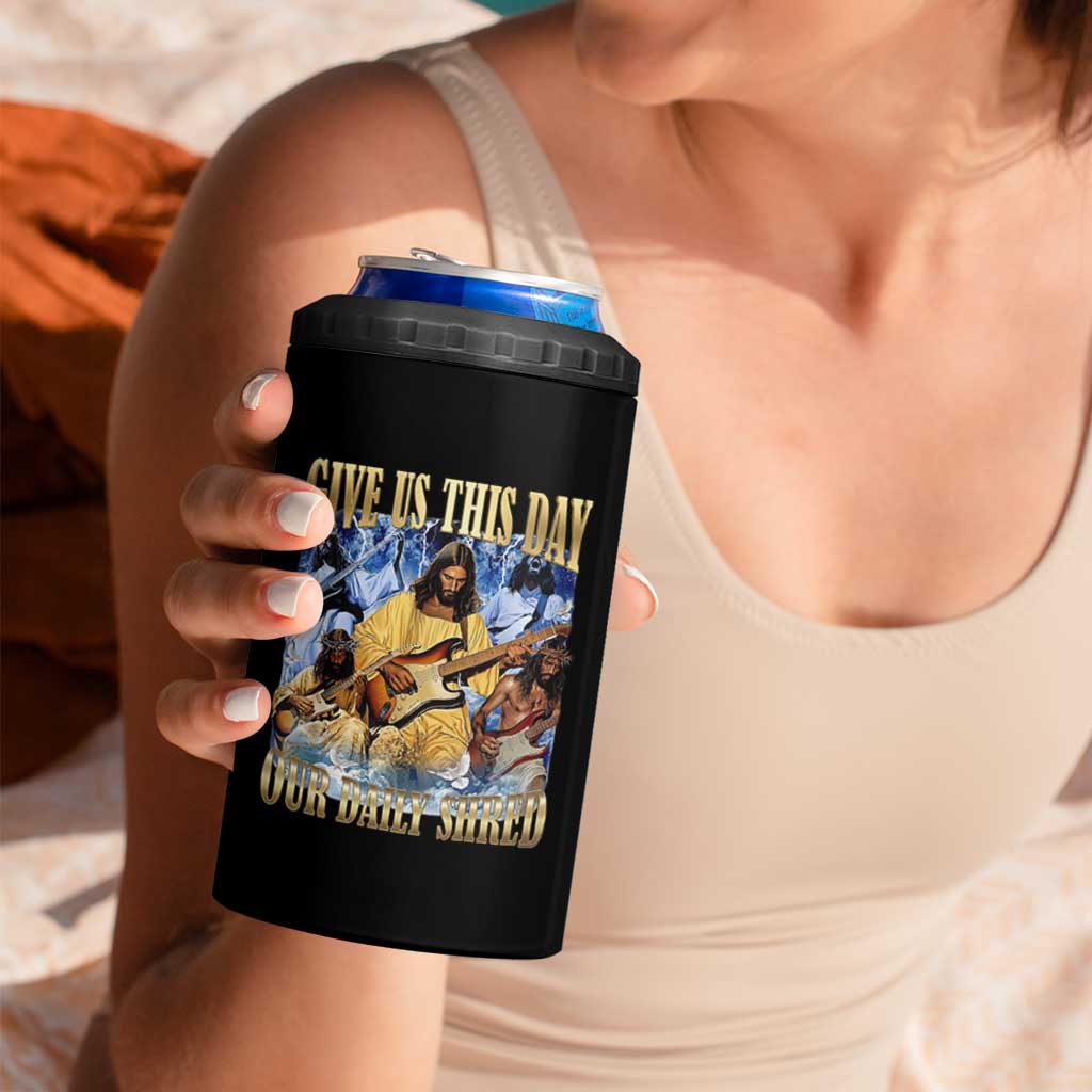 Give Us This Day Our Daily Shred Funny Christian Jesus Rock 4 in 1 Can Cooler Tumbler Faith Humor Music Lover Inspired Gift