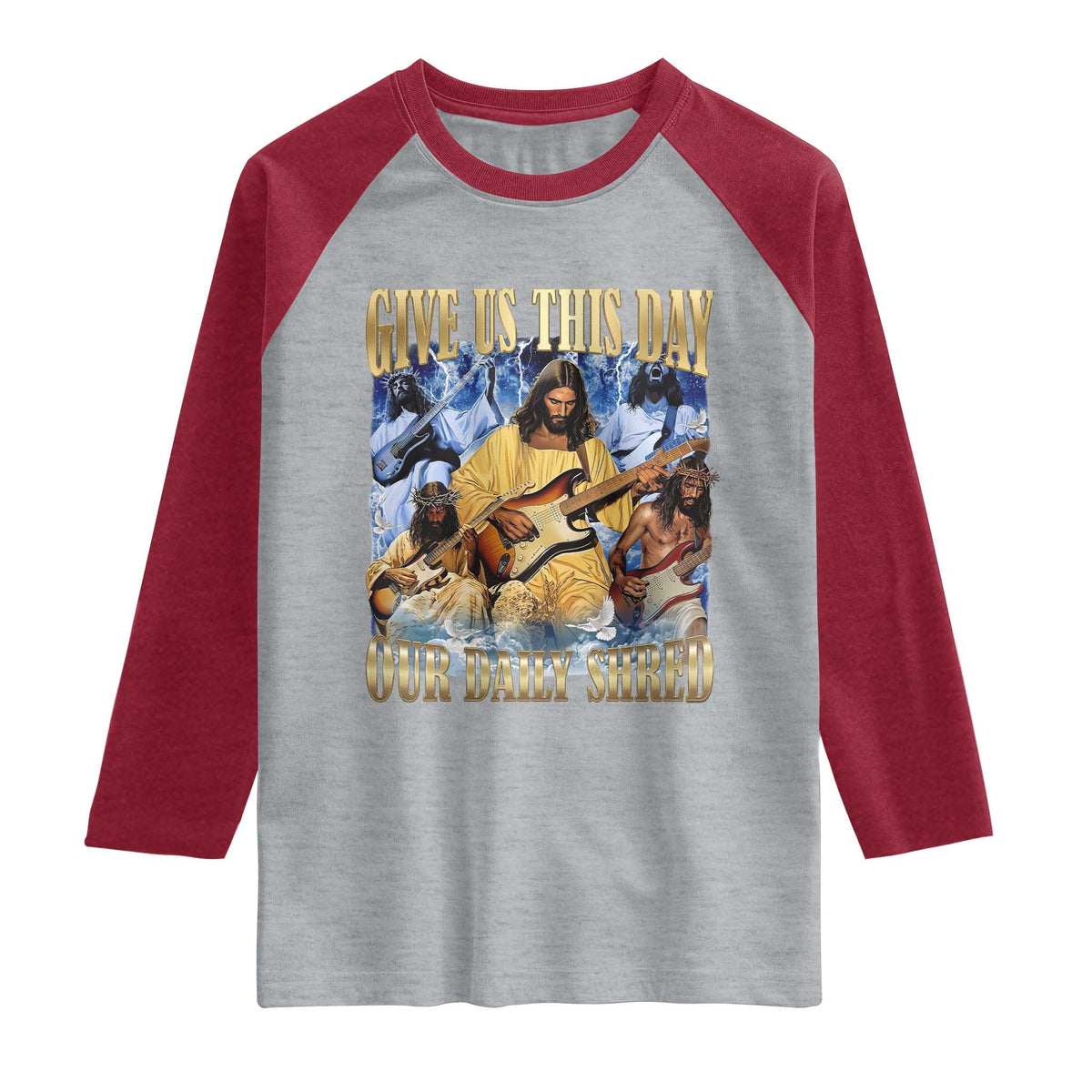 Give Us This Day Our Daily Shred Funny Christian Jesus Rock Raglan Shirt Faith Humor Music Lover Inspired Gift