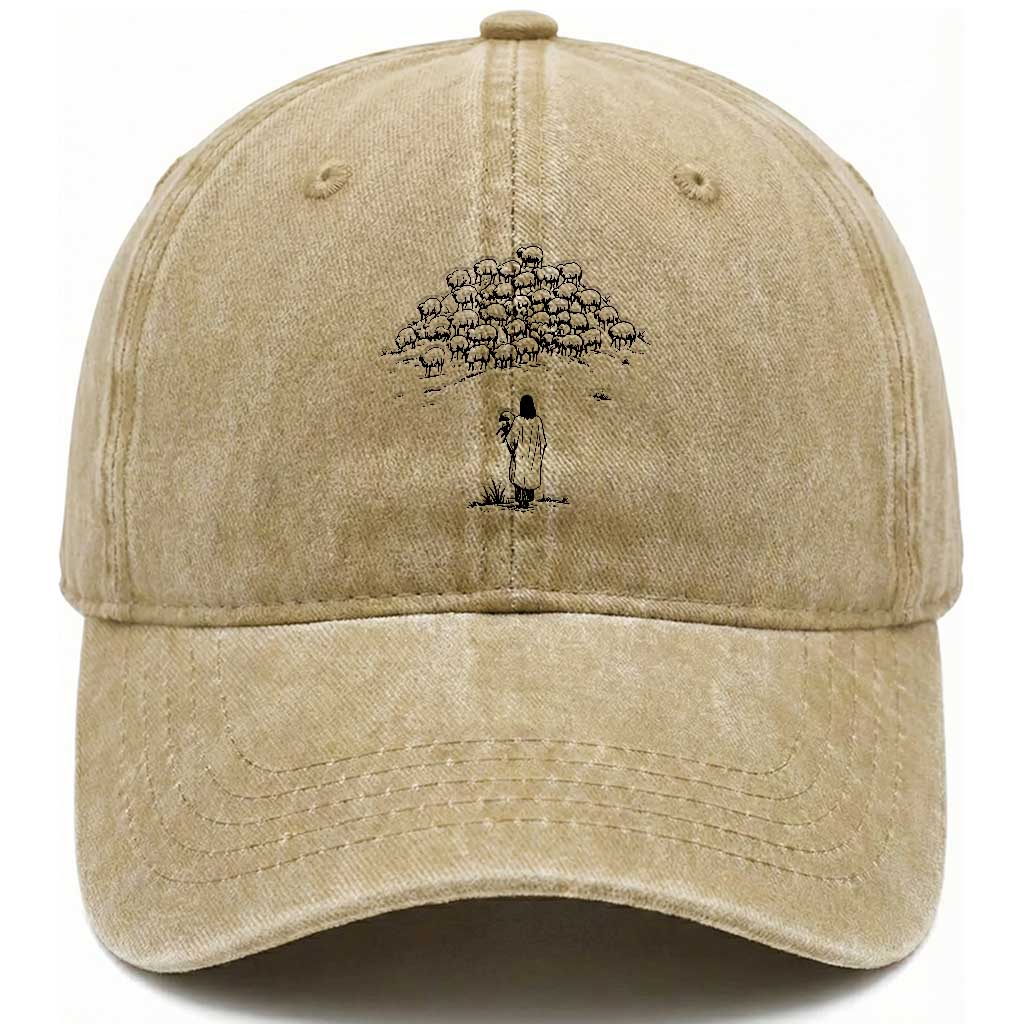 Jesus The Good Shepherd Minimalist Christian Washed Cotton Baseball Cap Sheep Flock Faith Spiritual Inspirational Gift