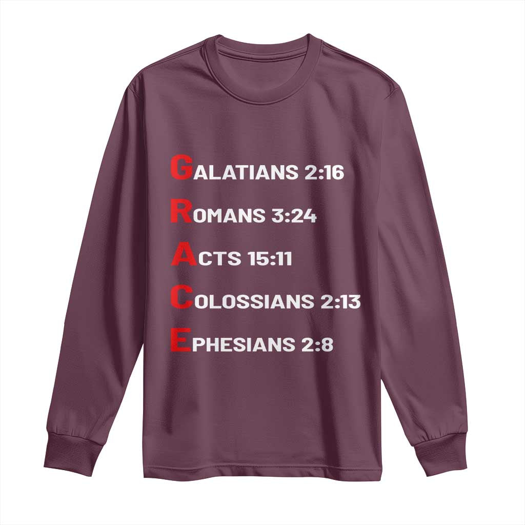 GRACE Christian Scripture Acronym Long Sleeve Shirt Bible Verses Galatians Romans Acts Colossians Ephesians Faith Message Gift