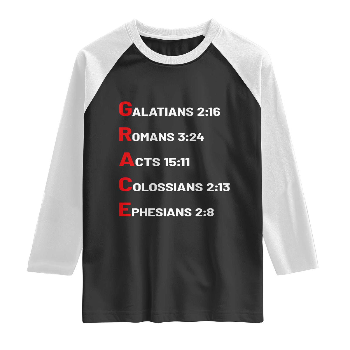GRACE Christian Scripture Acronym Raglan Shirt Bible Verses Galatians Romans Acts Colossians Ephesians Faith Message Gift