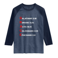 GRACE Christian Scripture Acronym Raglan Shirt Bible Verses Galatians Romans Acts Colossians Ephesians Faith Message Gift