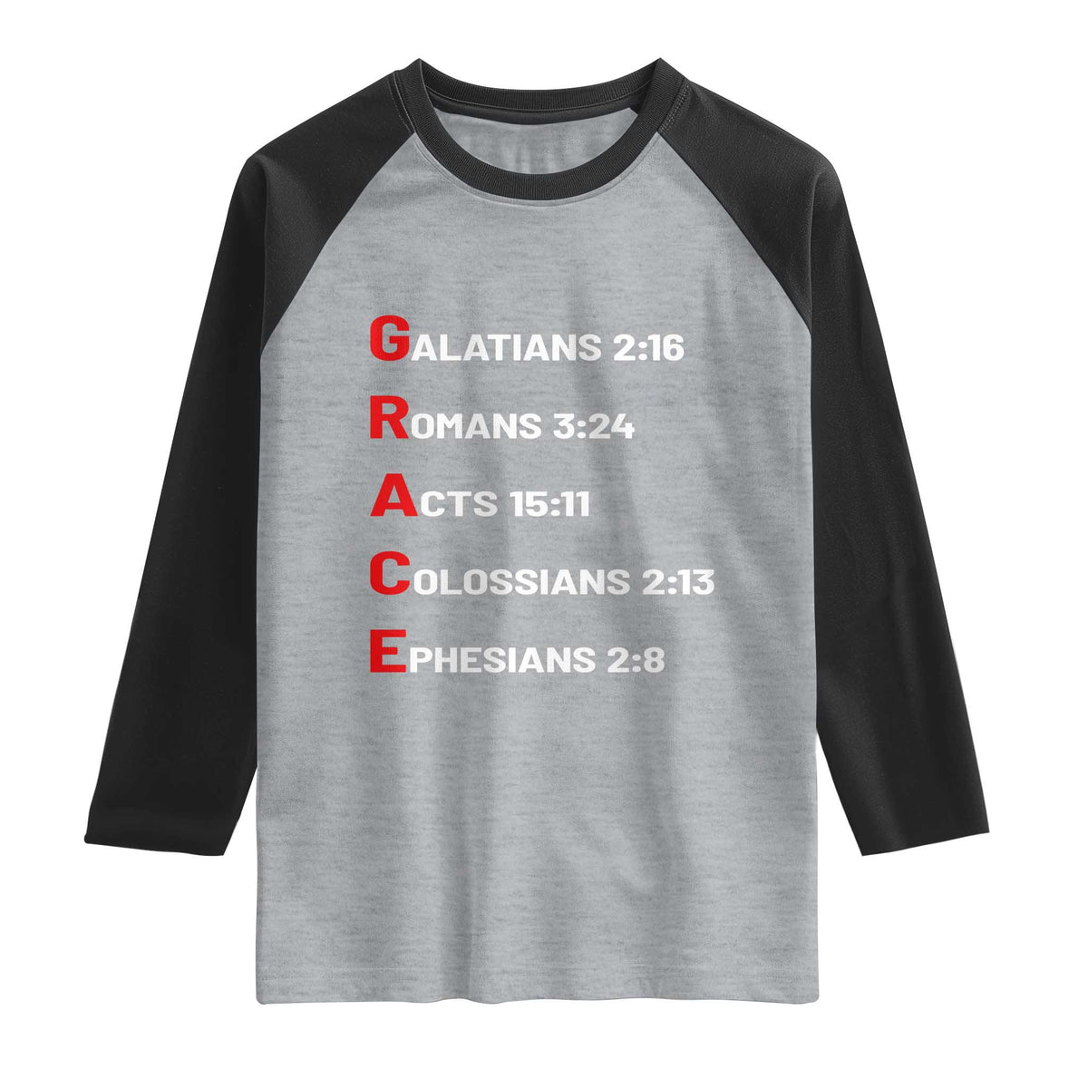 GRACE Christian Scripture Acronym Raglan Shirt Bible Verses Galatians Romans Acts Colossians Ephesians Faith Message Gift