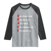 GRACE Christian Scripture Acronym Raglan Shirt Bible Verses Galatians Romans Acts Colossians Ephesians Faith Message Gift