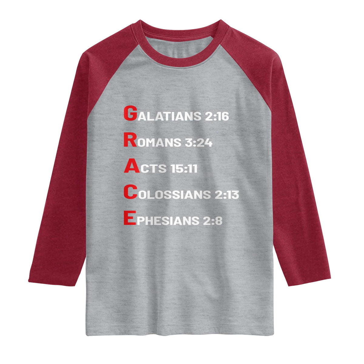 GRACE Christian Scripture Acronym Raglan Shirt Bible Verses Galatians Romans Acts Colossians Ephesians Faith Message Gift