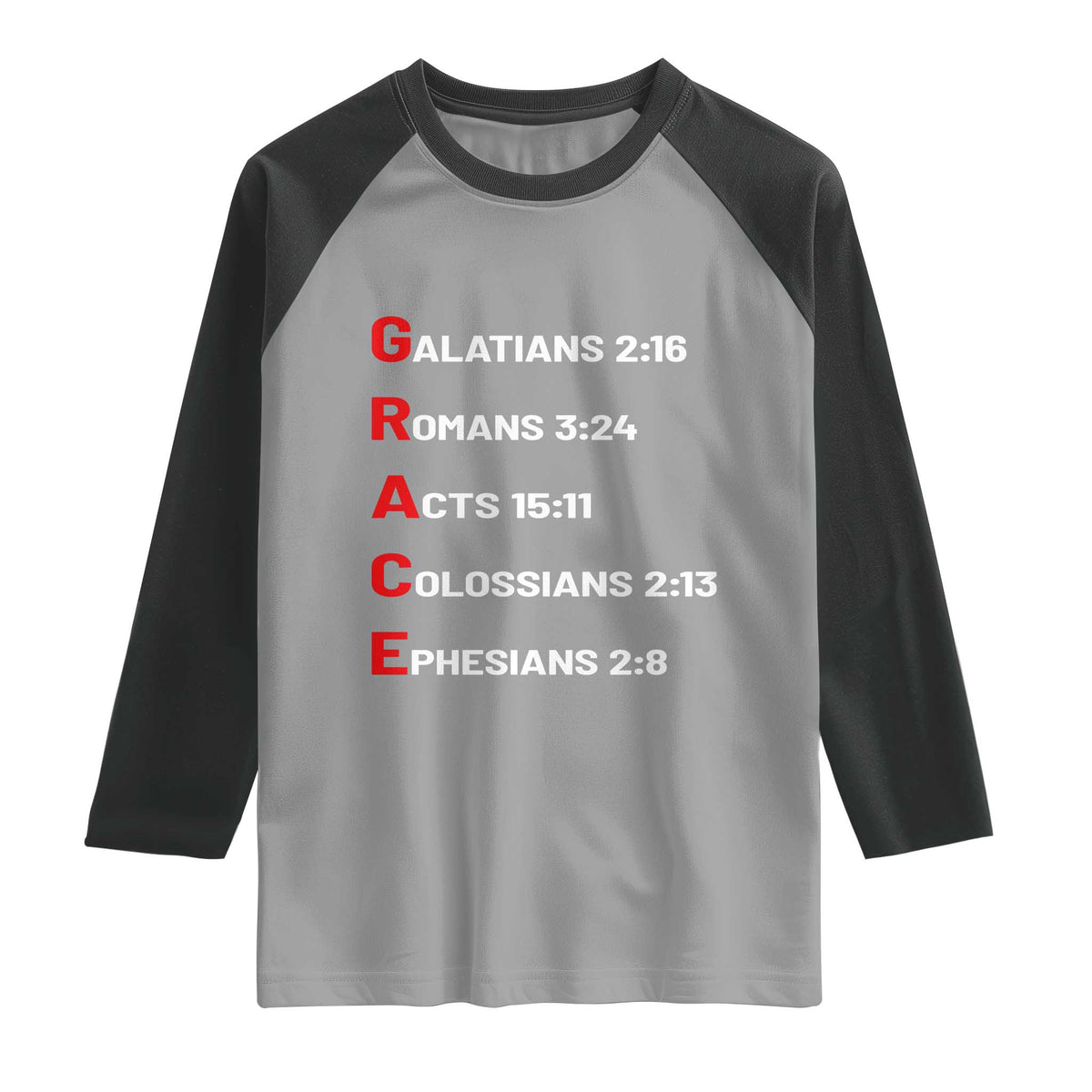 GRACE Christian Scripture Acronym Raglan Shirt Bible Verses Galatians Romans Acts Colossians Ephesians Faith Message Gift