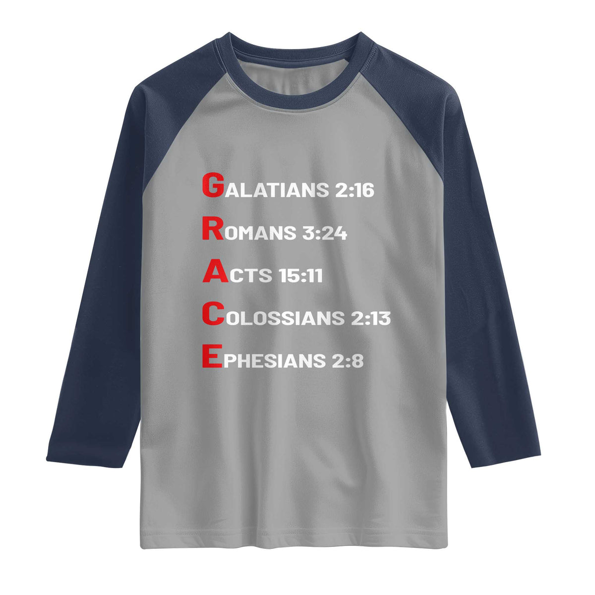 GRACE Christian Scripture Acronym Raglan Shirt Bible Verses Galatians Romans Acts Colossians Ephesians Faith Message Gift