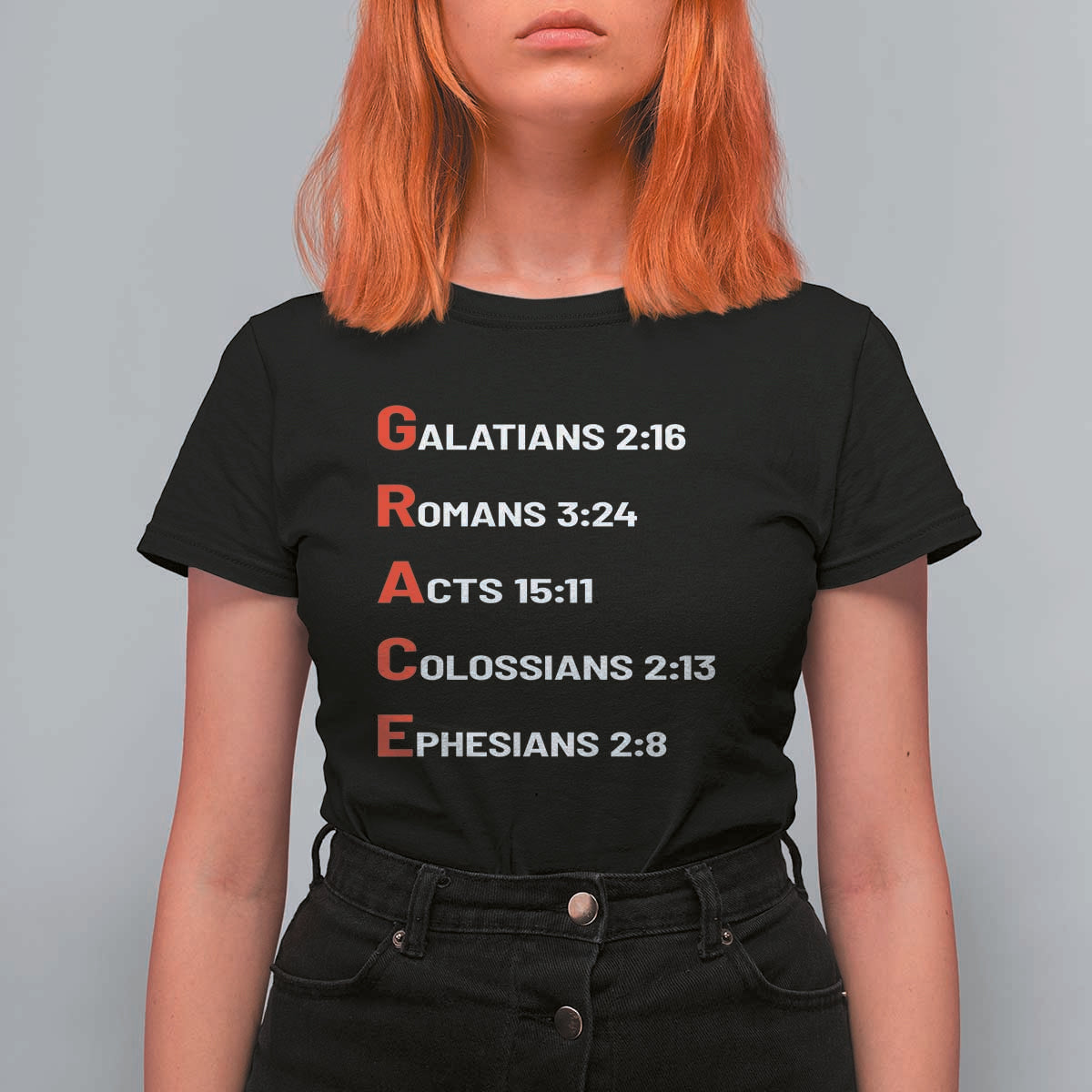 GRACE Christian Scripture Acronym T Shirt For Women Bible Verses Galatians Romans Acts Colossians Ephesians Faith Message Gift