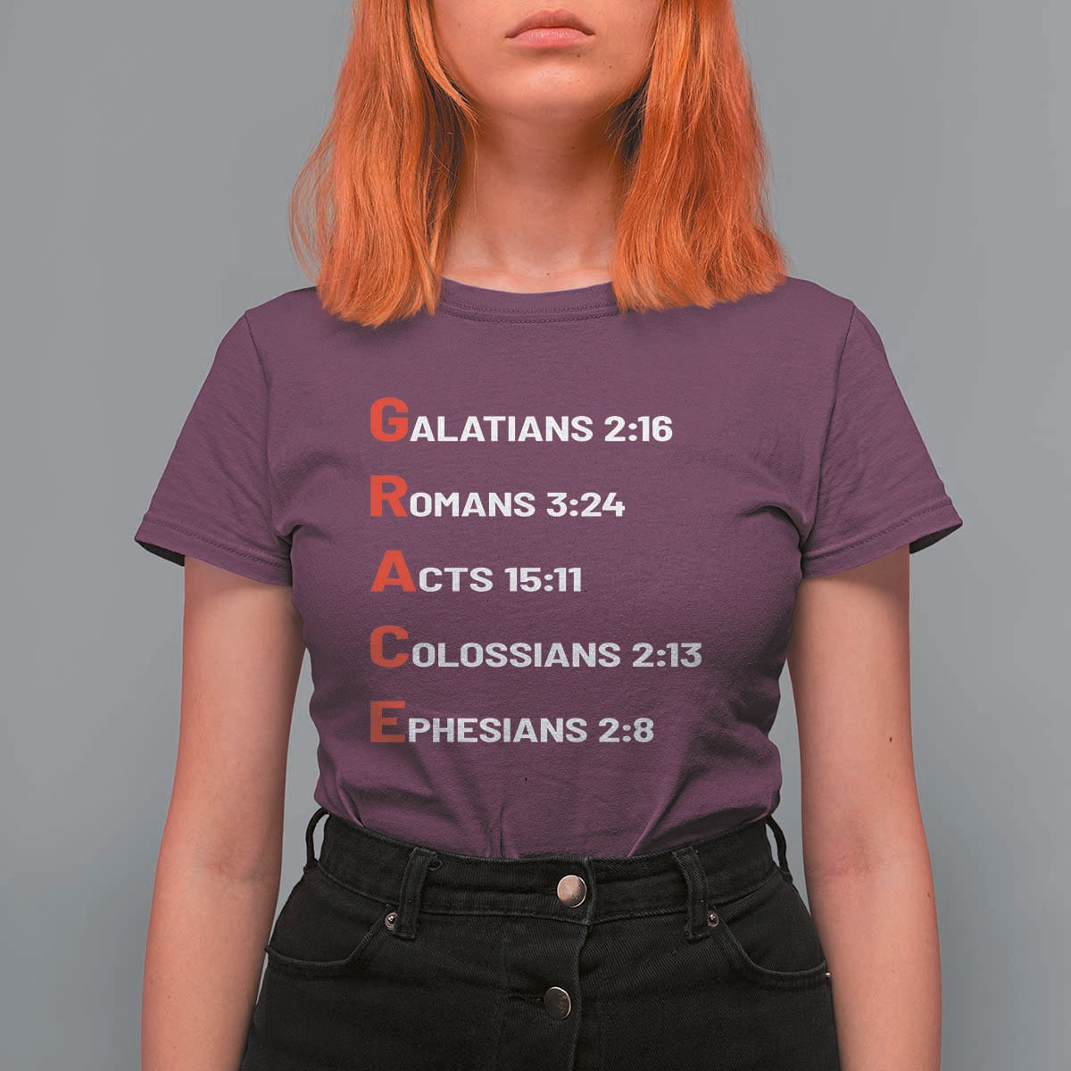 GRACE Christian Scripture Acronym T Shirt For Women Bible Verses Galatians Romans Acts Colossians Ephesians Faith Message Gift