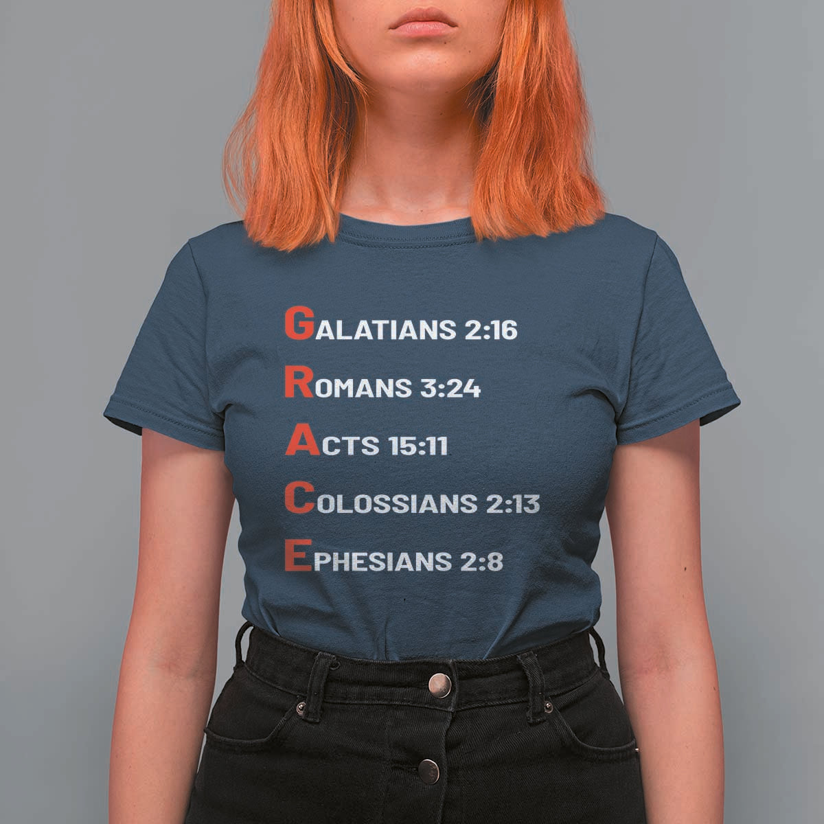 GRACE Christian Scripture Acronym T Shirt For Women Bible Verses Galatians Romans Acts Colossians Ephesians Faith Message Gift