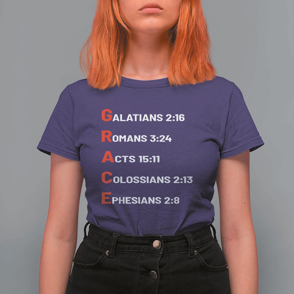 GRACE Christian Scripture Acronym T Shirt For Women Bible Verses Galatians Romans Acts Colossians Ephesians Faith Message Gift