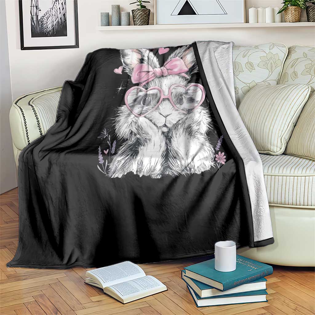 Cute Easter Bunny with Heart Glasses Pink Bow Throw Blanket Adorable Rabbit Love Aesthetic Gift
