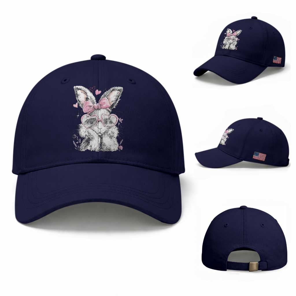 Cute Easter Bunny with Heart Glasses Pink Bow Baseball Cap Adorable Rabbit Love Aesthetic Gift