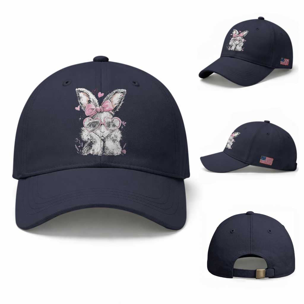 Cute Easter Bunny with Heart Glasses Pink Bow Baseball Cap Adorable Rabbit Love Aesthetic Gift