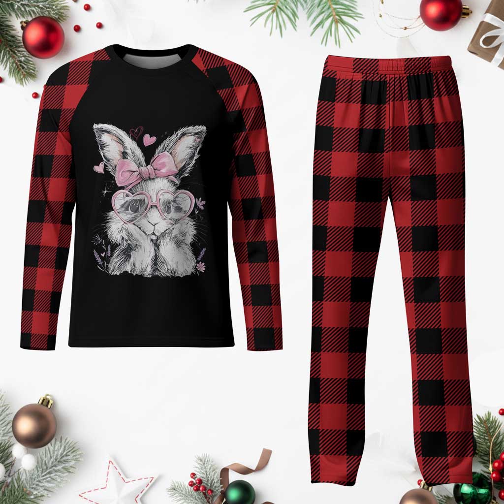 Cute Easter Bunny with Heart Glasses Pink Bow Plaid Pajama Set Adorable Rabbit Love Aesthetic Gift