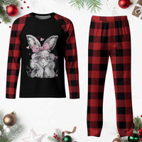 Cute Easter Bunny with Heart Glasses Pink Bow Plaid Pajama Set Adorable Rabbit Love Aesthetic Gift