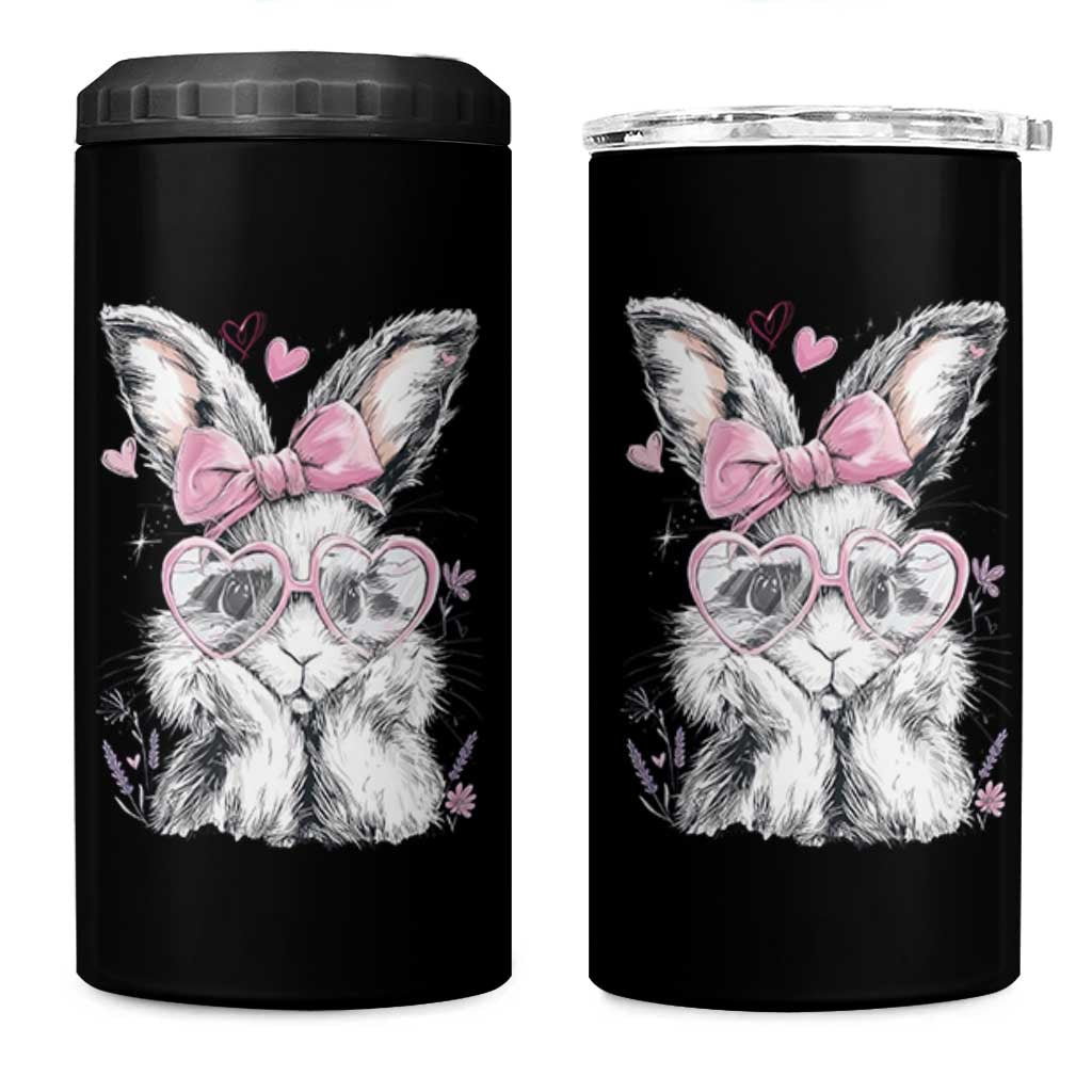 Cute Easter Bunny with Heart Glasses Pink Bow 4 in 1 Can Cooler Tumbler Adorable Rabbit Love Aesthetic Gift