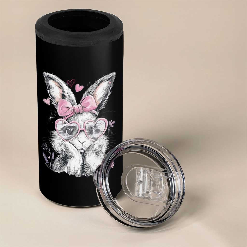 Cute Easter Bunny with Heart Glasses Pink Bow 4 in 1 Can Cooler Tumbler Adorable Rabbit Love Aesthetic Gift