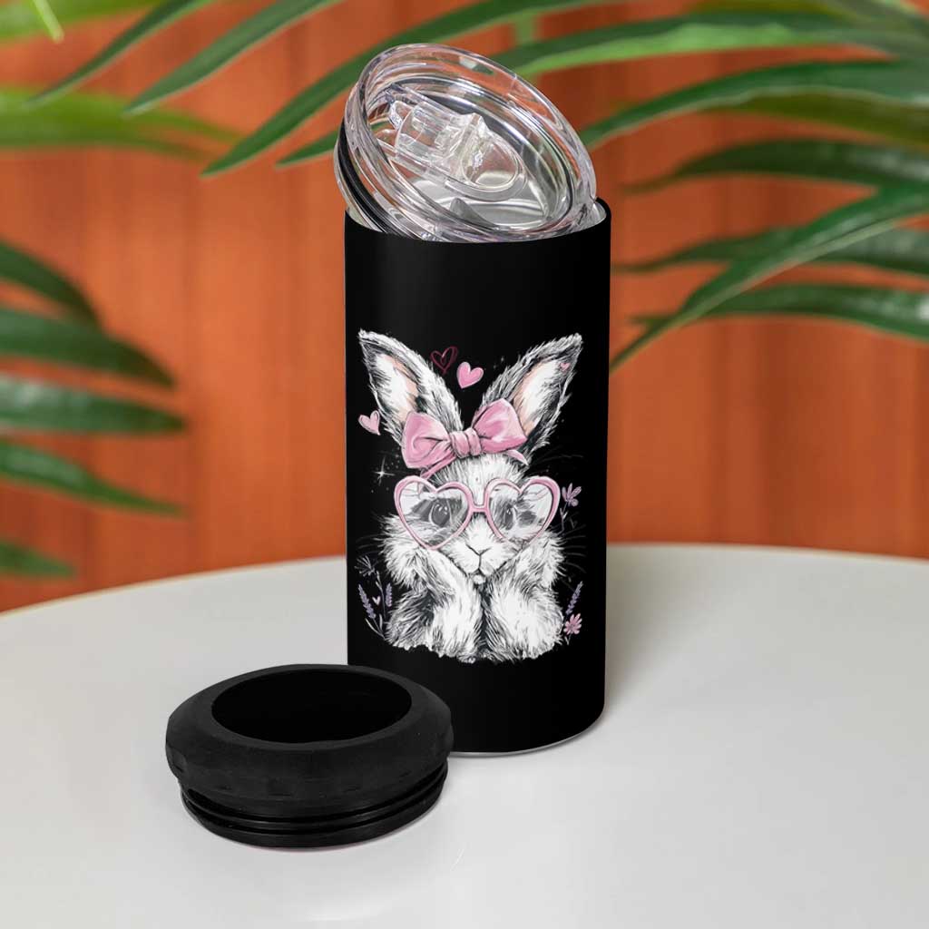 Cute Easter Bunny with Heart Glasses Pink Bow 4 in 1 Can Cooler Tumbler Adorable Rabbit Love Aesthetic Gift