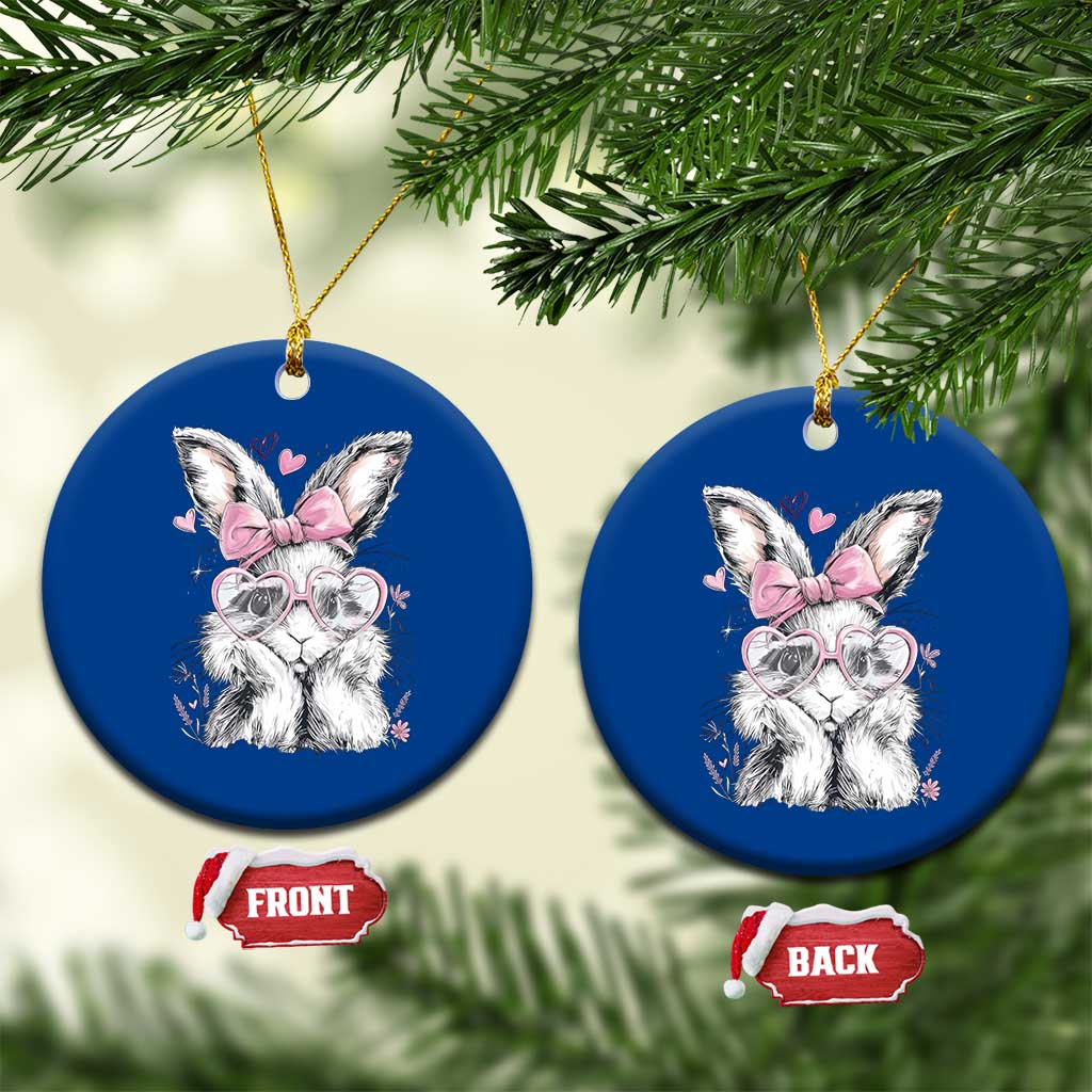Cute Easter Bunny with Heart Glasses Pink Bow Ceramic Ornament Adorable Rabbit Love Aesthetic Gift