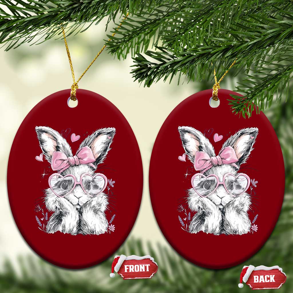 Cute Easter Bunny with Heart Glasses Pink Bow Ceramic Ornament Adorable Rabbit Love Aesthetic Gift