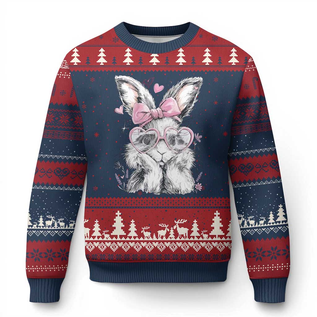 Cute Easter Bunny with Heart Glasses Pink Bow Ugly Christmas Sweater Adorable Rabbit Love Aesthetic Gift
