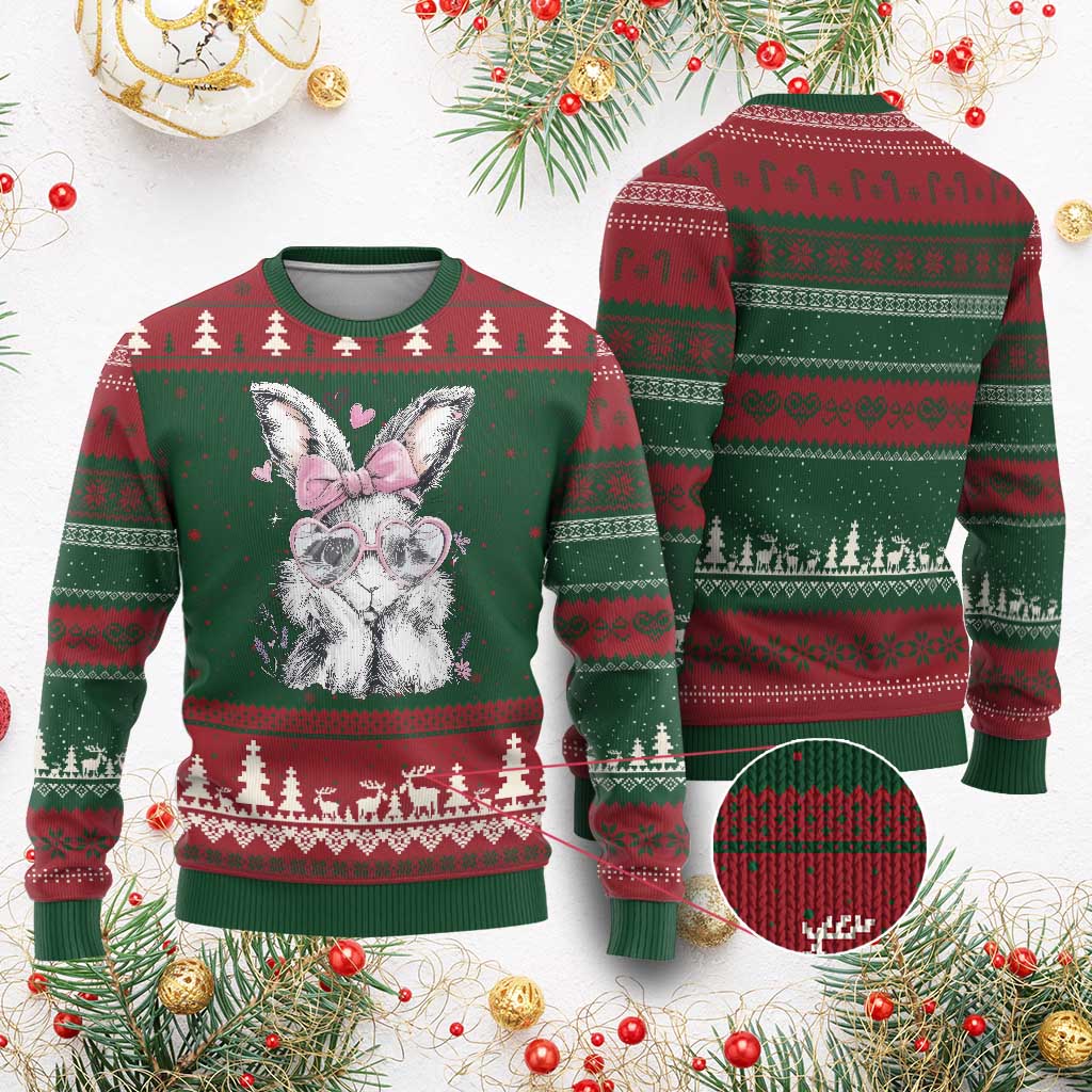 Cute Easter Bunny with Heart Glasses Pink Bow Ugly Christmas Sweater Adorable Rabbit Love Aesthetic Gift