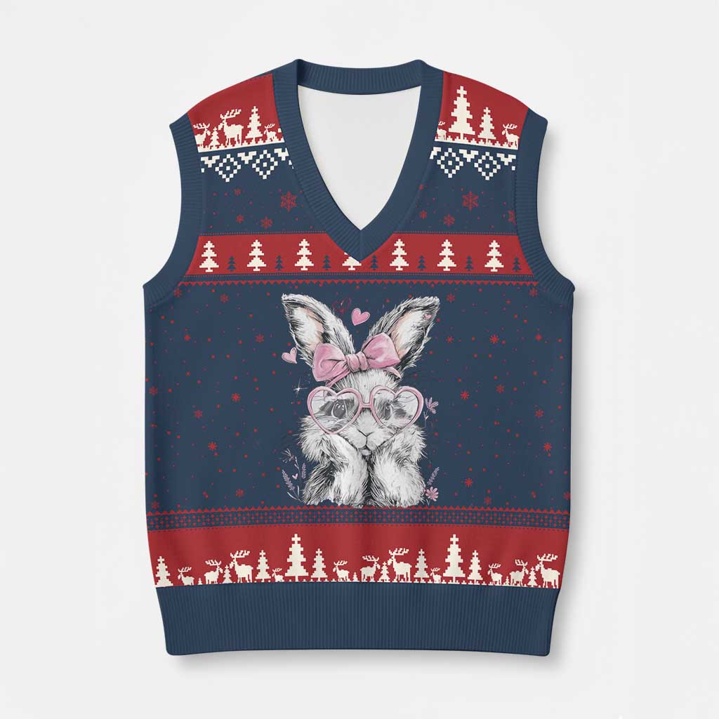 Cute Easter Bunny with Heart Glasses Pink Bow V-Neck Knit Sweater Vest Adorable Rabbit Love Aesthetic Gift