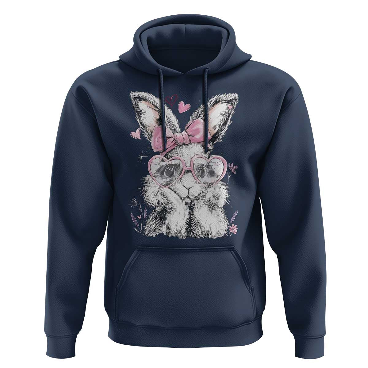 Cute Easter Bunny with Heart Glasses Pink Bow Hoodie Adorable Rabbit Love Aesthetic Gift