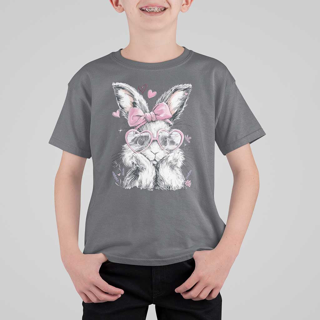 Cute Easter Bunny with Heart Glasses Pink Bow T Shirt For Kid Adorable Rabbit Love Aesthetic Gift