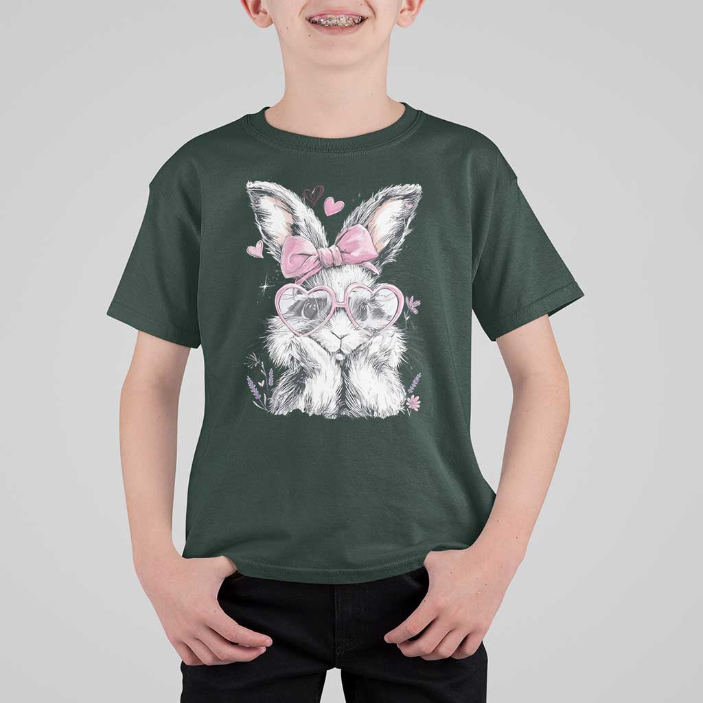 Cute Easter Bunny with Heart Glasses Pink Bow T Shirt For Kid Adorable Rabbit Love Aesthetic Gift