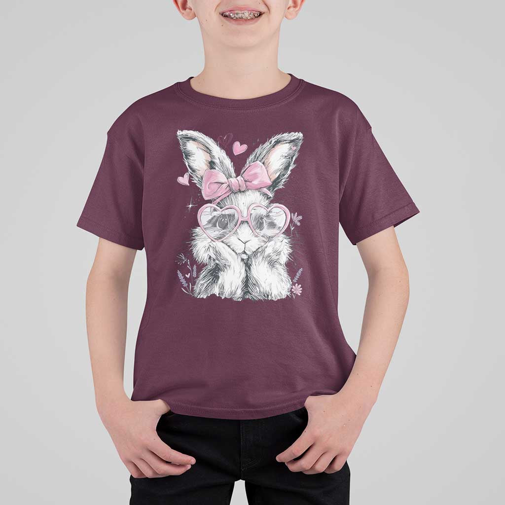 Cute Easter Bunny with Heart Glasses Pink Bow T Shirt For Kid Adorable Rabbit Love Aesthetic Gift
