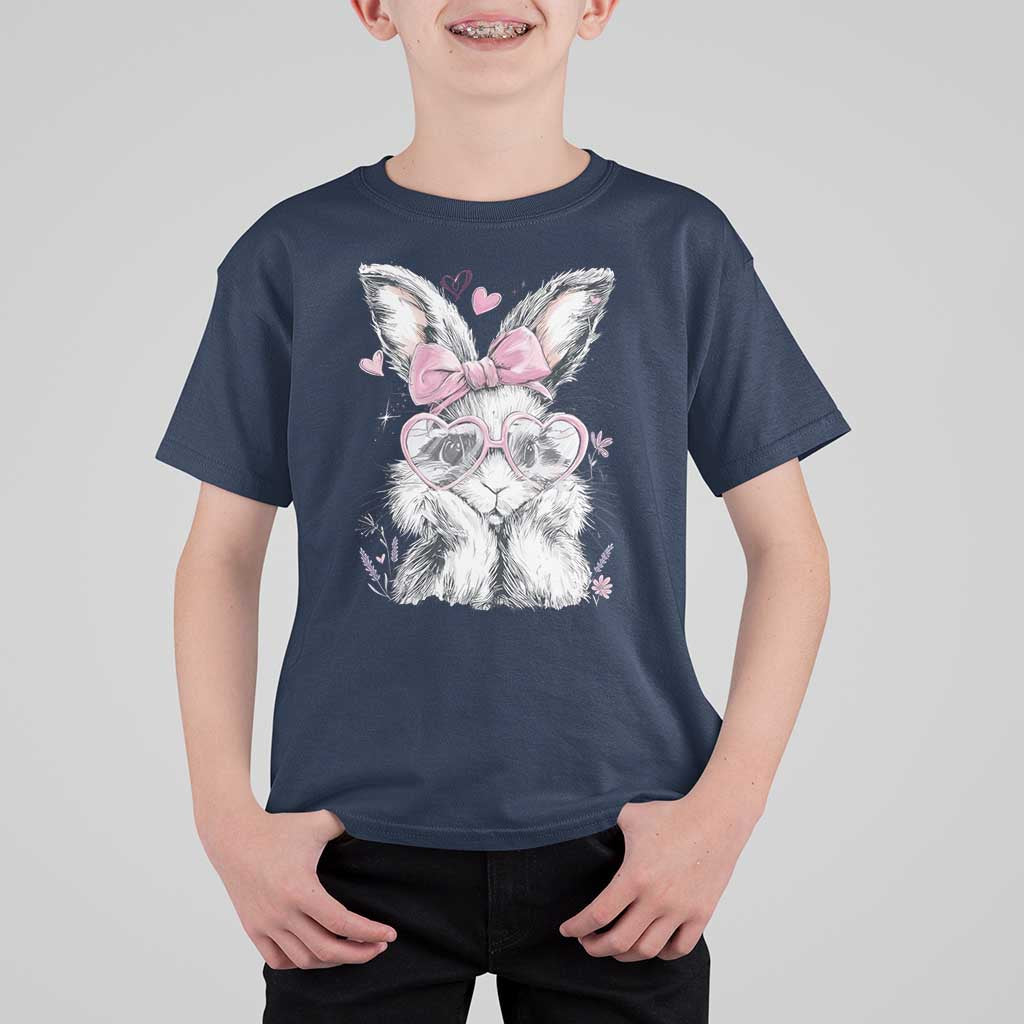 Cute Easter Bunny with Heart Glasses Pink Bow T Shirt For Kid Adorable Rabbit Love Aesthetic Gift