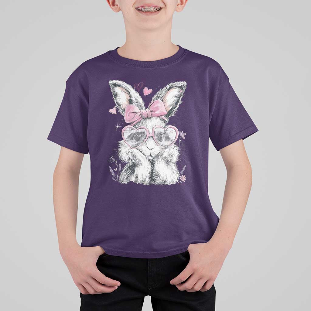 Cute Easter Bunny with Heart Glasses Pink Bow T Shirt For Kid Adorable Rabbit Love Aesthetic Gift