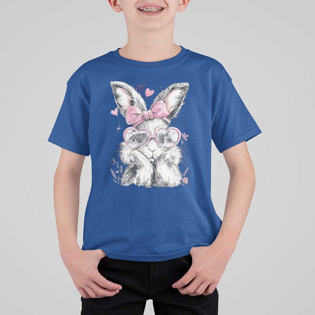 Cute Easter Bunny with Heart Glasses Pink Bow T Shirt For Kid Adorable Rabbit Love Aesthetic Gift