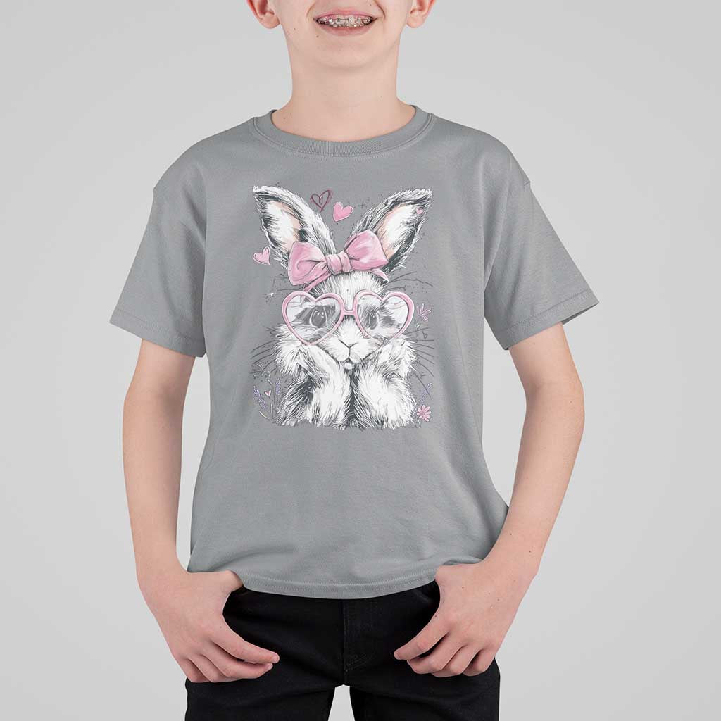 Cute Easter Bunny with Heart Glasses Pink Bow T Shirt For Kid Adorable Rabbit Love Aesthetic Gift