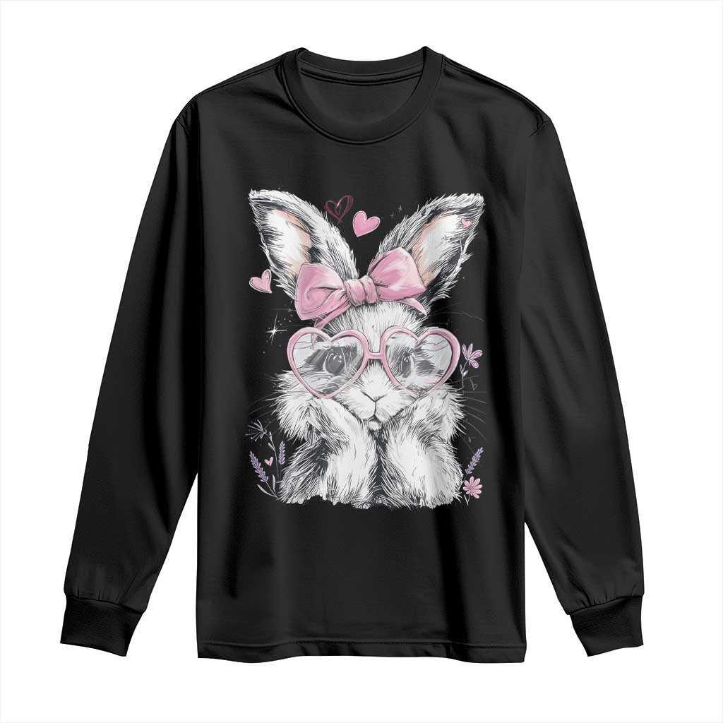 Cute Easter Bunny with Heart Glasses Pink Bow Long Sleeve Shirt Adorable Rabbit Love Aesthetic Gift