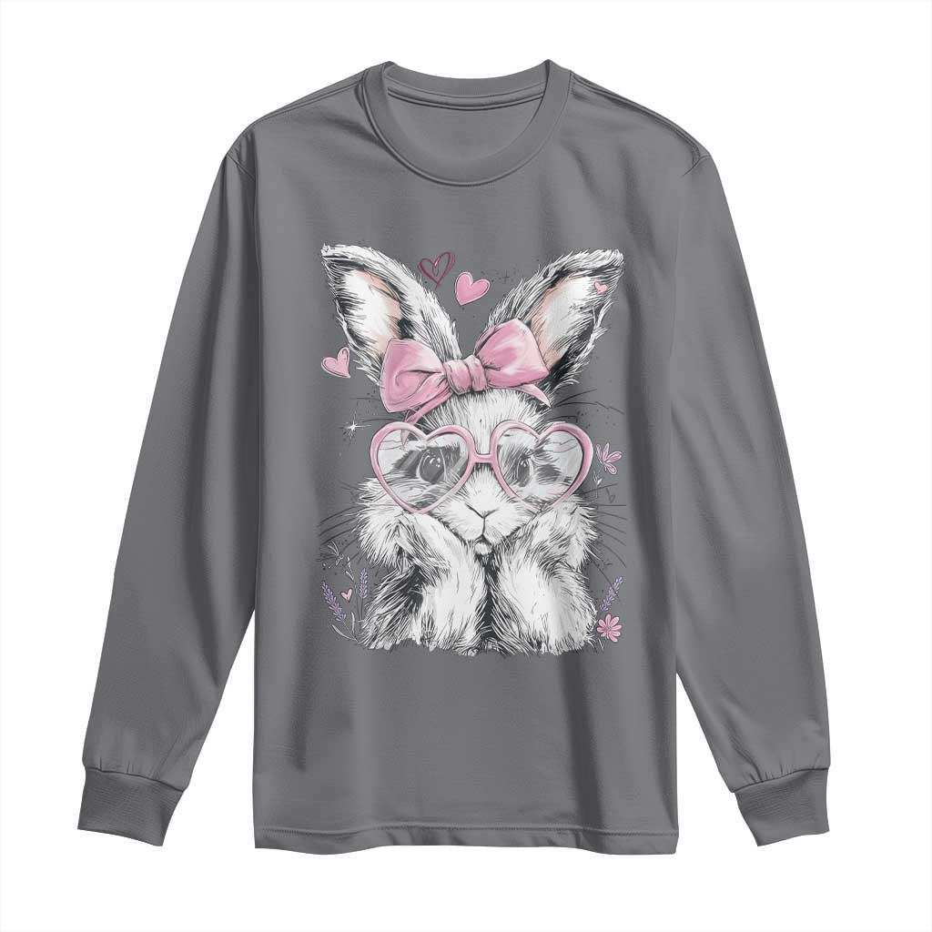 Cute Easter Bunny with Heart Glasses Pink Bow Long Sleeve Shirt Adorable Rabbit Love Aesthetic Gift