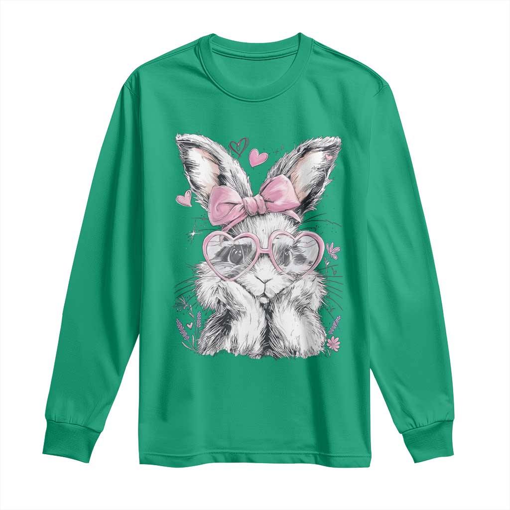 Cute Easter Bunny with Heart Glasses Pink Bow Long Sleeve Shirt Adorable Rabbit Love Aesthetic Gift
